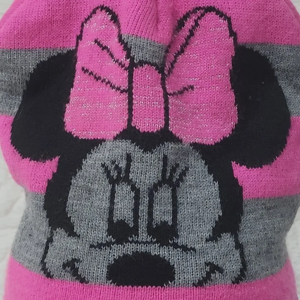 Disney Minnie Mouse Knit Beanie Hat Barbie Pink Grey Stripe Bling on Bow OSFM